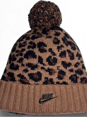 Nike Leopard-Print Pom Beanie in Brown and Black